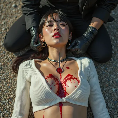 Gorgeous asian woman, with ponytail & short bangs, hoop earrings, choker, huge oversized breasts that have large red liquid circle tips with tiny crop top white ribbed knit button down sweater that's been completely unbuttoned & ripped open. She is lying o...