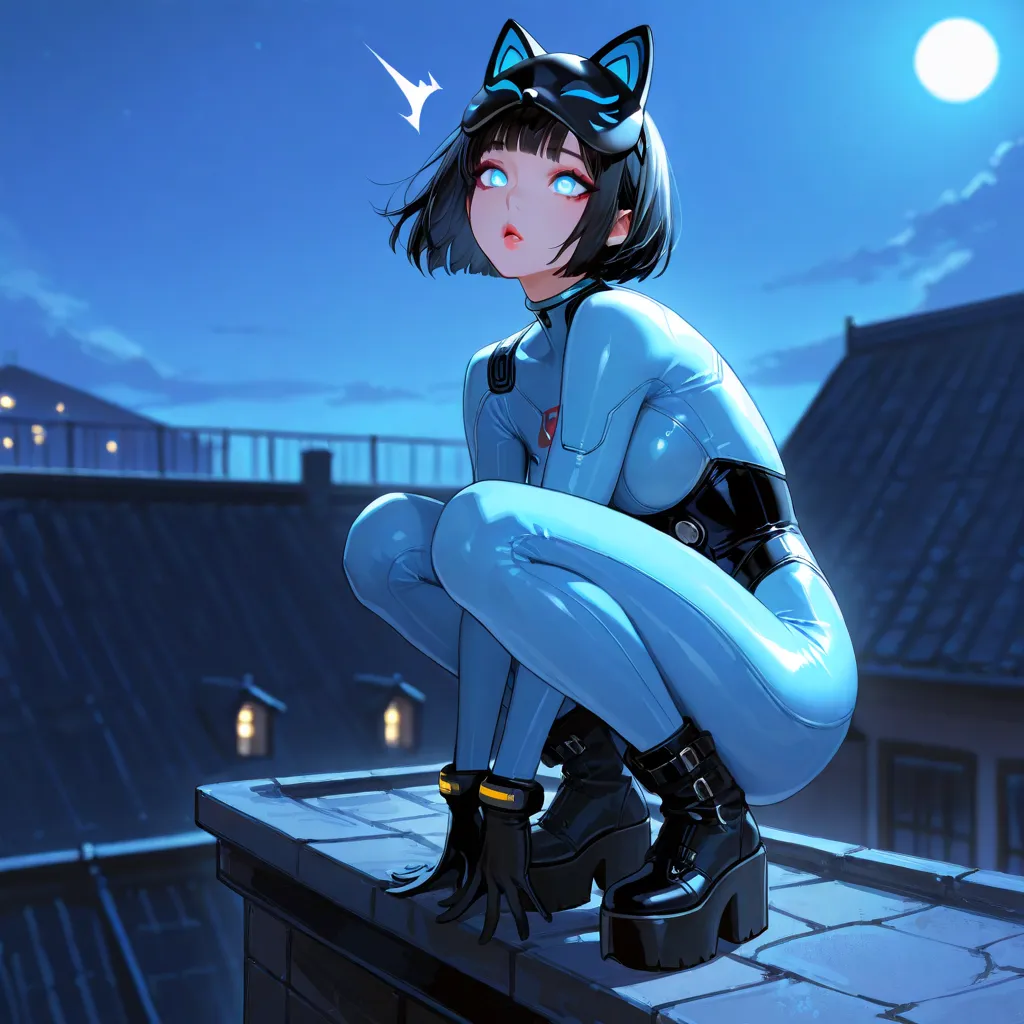 1girl, black hair, short hair, bob cut, sky blue eyes, glowing pupils, lipgloss, eyeliner, eyelashes, tight bodysuit, cat mask on face, gloves, platform boots, surprised eyes, rooftop, night, moonlight, squatting on chimney, hands between legs, 4K, high qu...