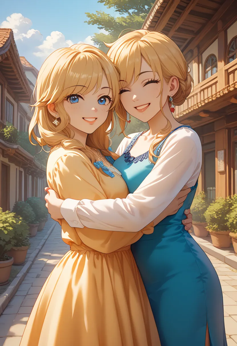 超 Hi-Res, masterpiece, t, 8k, 16k 、 (((Parent and Child)))、Blonde mother、dark-haired kid、Around town、 hug、 dress、 shirt、 baby、smile