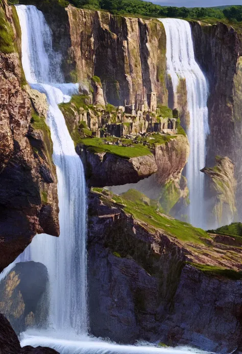  cliff overlooking a waterfall ,  A few arched stones on top,  Matte Painting 8k , Matte Paint 8K ,  Vertical Wallpaper 8K ,  Vertical Wallpaper 8K ,  Vertical Wallpaper 4K ,  Vertical Wallpaper 4K ,  Lost Series ,  realistic fantasy rendering ,  digital p...