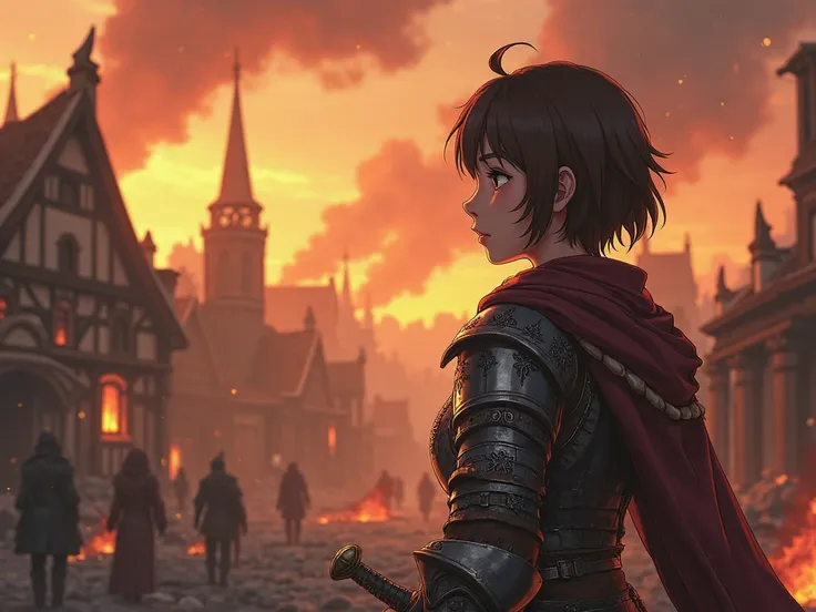 From behind short brown-haired warrior princes watching a burning village realistic medieval anime style 