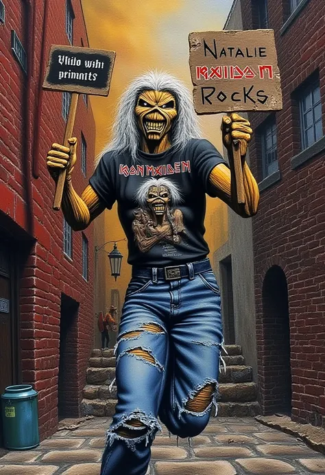 old, traditional media, Eddie, dressed in ripped dirty jeans and a Iron Maiden t-shirt. Holding a sign up that reads "Natalie Rocks". Long wild grey hair. Crazy smile. In A back alley "Iron Maiden" spray painted on a brick wall, intricately micro hyper rea...