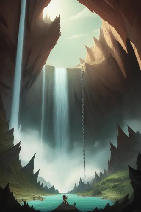 Giantness, chains on her neck, scar on her left eye, inside a dark cave, waterfall on the background 