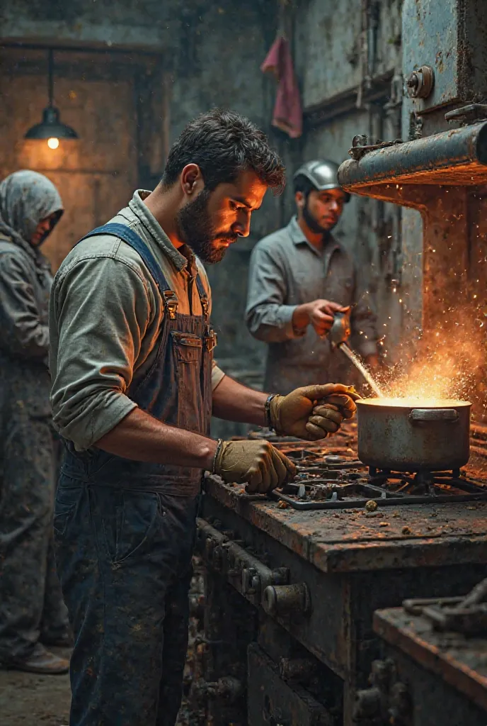 Make a male mechanic,  a women wear hijab cooking, a male welding