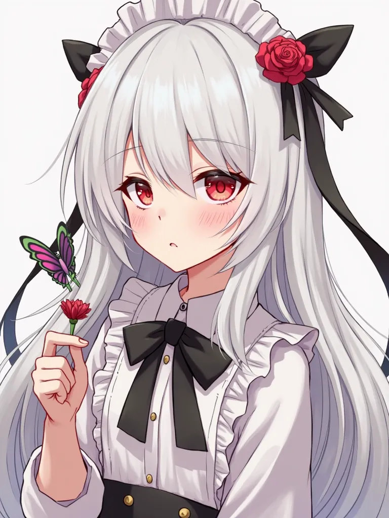 1 Girl, alone, flower,  long hair, watching the audience, White hair,  hair between eyebrows,  red eyes, Shut up, bow,  upper body, Vulnerabilities,  Butterfly, hair bow,  maid headdress, black bow, Colored eyelashes, red flower,  is expressionless , ribbo...