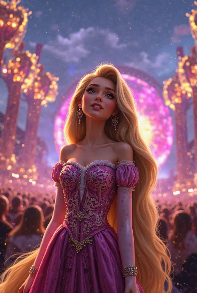 You can create an image of Rapunzel with a Shakira blouse and a Disney Pixar concert theme 