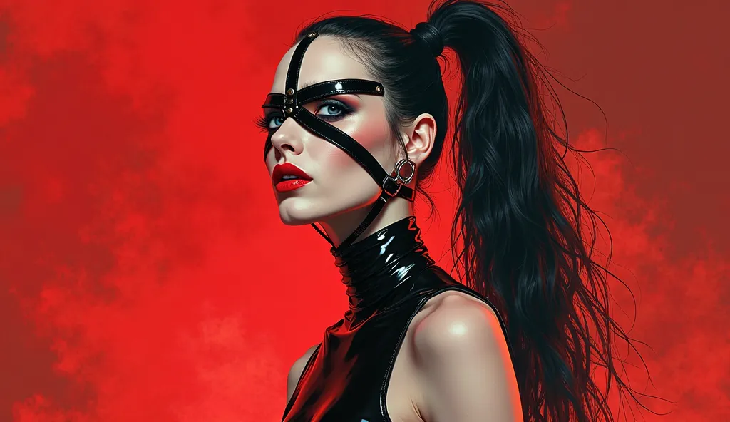 Illustration of a Very thin woman in black latex. A harness with wide straps and steel buckles is attached to her face, forehead, chin and mouth, with painted bright red lips.  Very fluffy and long black and white ponytail. Red, thick smoke in the backgrou...