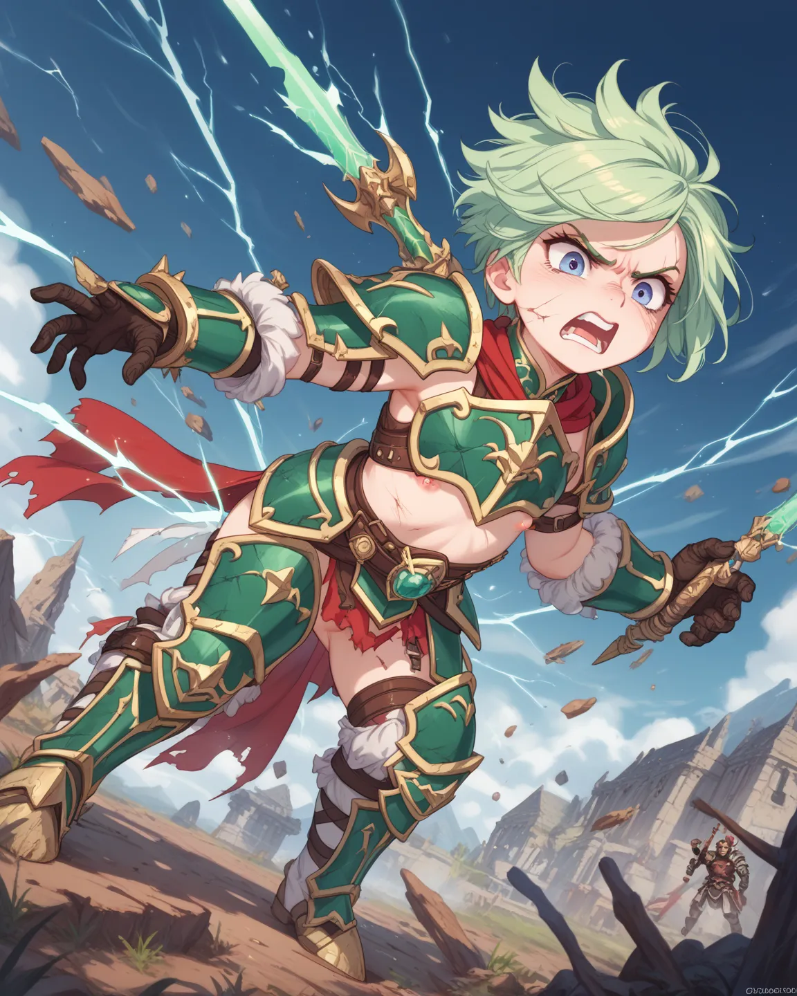  is always looking at the camera,very angry, the green hair, short hair and fantasy armor, Cracked defeated,visible nipples, shake her foot gently,