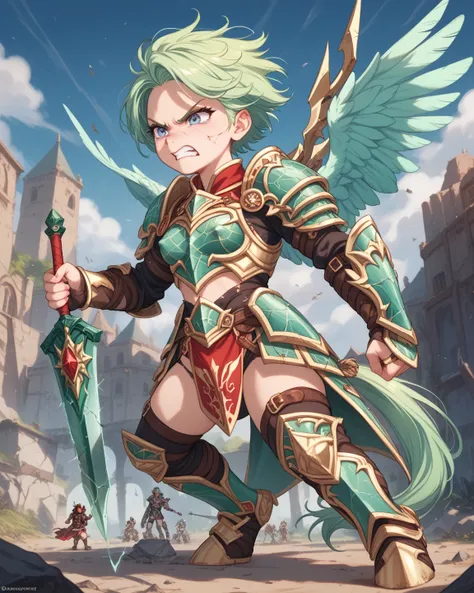  is always looking at the camera,very angry, the green hair, short hair and fantasy armor, Cracked defeated,visible nipples, shake her foot gently,