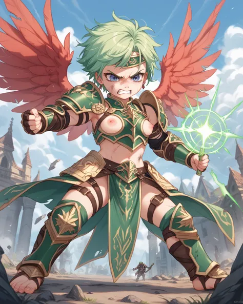  is always looking at the camera,very angry, the green hair, short hair and fantasy armor, Cracked defeated,visible nipples, shake her foot gently,