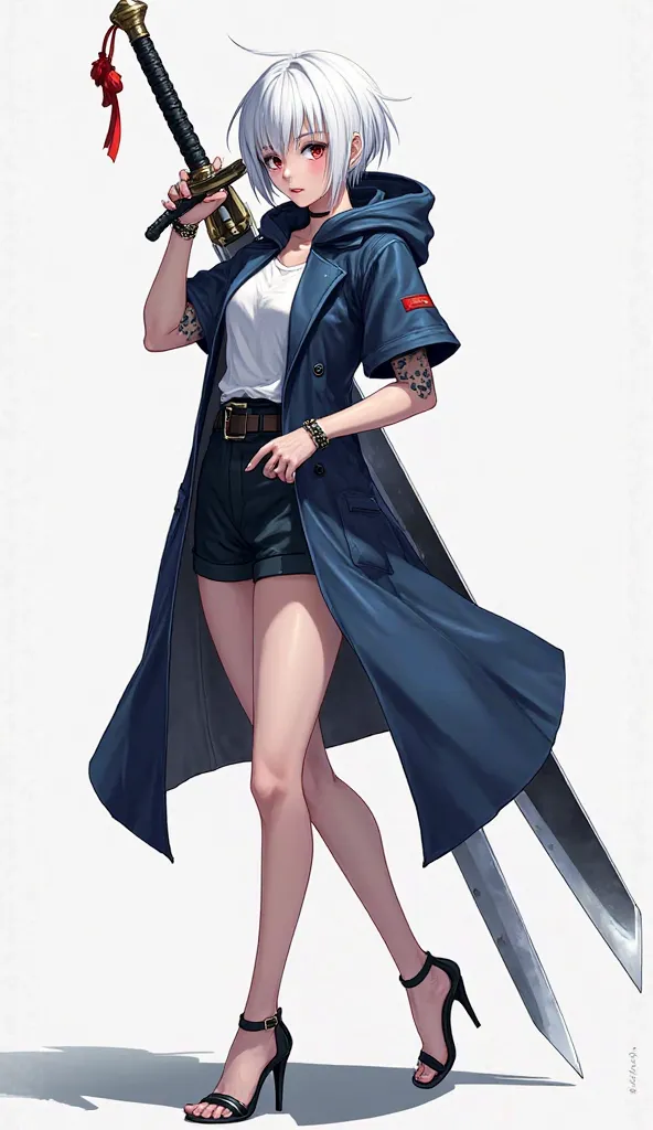 Anime girl with short white hair wearing an unbuttoned navy blue hooded trench coat with short sleeves and open heels and carries a very large sword