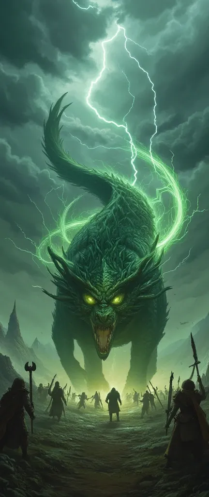  This is a professional photo、A dragon walking on four legs through the wilderness、A dragon with a ferocious green appearance wears strong winds around its body、The weather is stormy、Dark clouds and thunder、The dragon's eyes glow yellow、Warriors with sword...