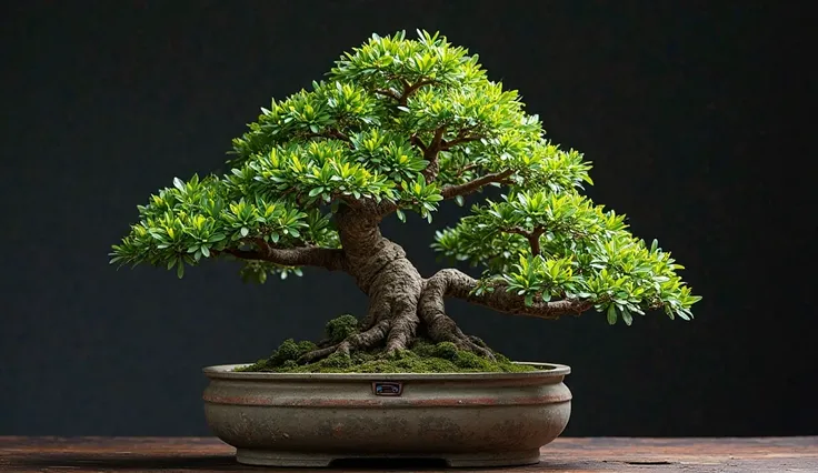 A meticulously shaped bonsai tree in a decorative ceramic pot, its delicate branches adorned with lush green foliage, carefully pruned to create an elegant, miniature representation of a full-sized tree. The pot rests on dark surface