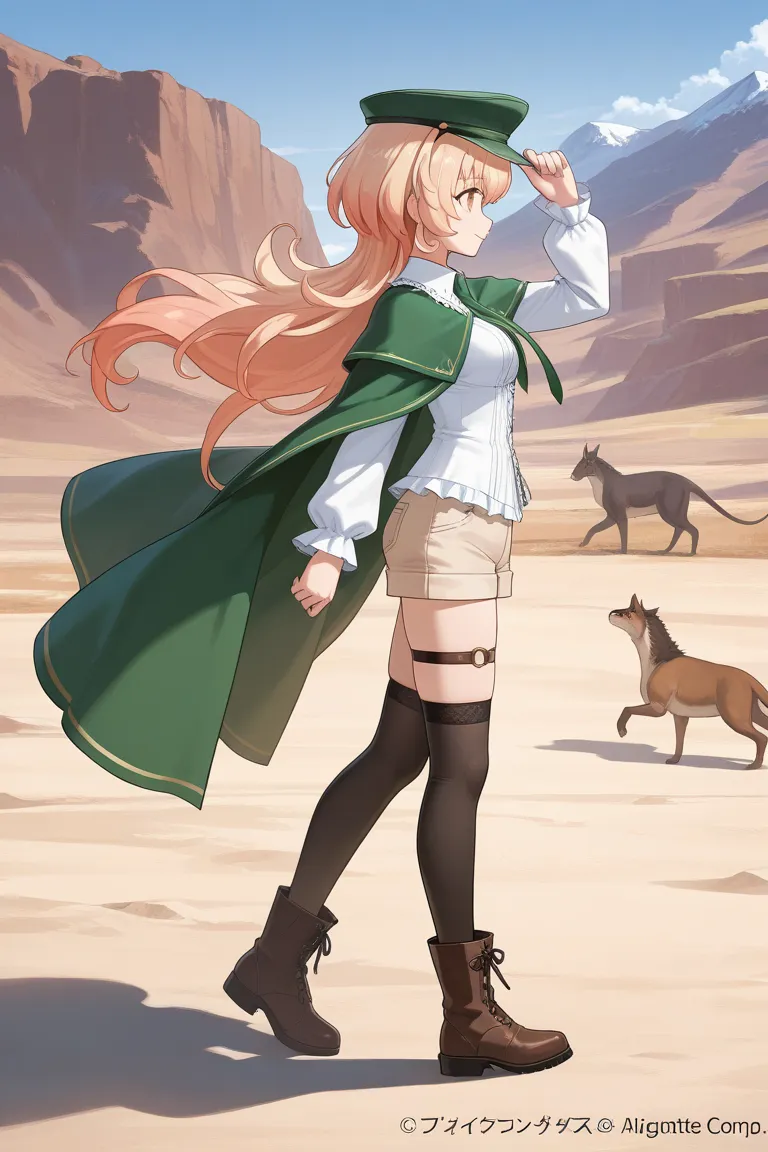 (masterpiece, Highest quality, great quality, very aesthetic, high resolution), noon,  Sunny,  Compa,  Plateau, , the view is good,  mountains in the distance , Strong winds, head wind, Walking against the wind, Full Body Image, from side, looking afar, 1 ...