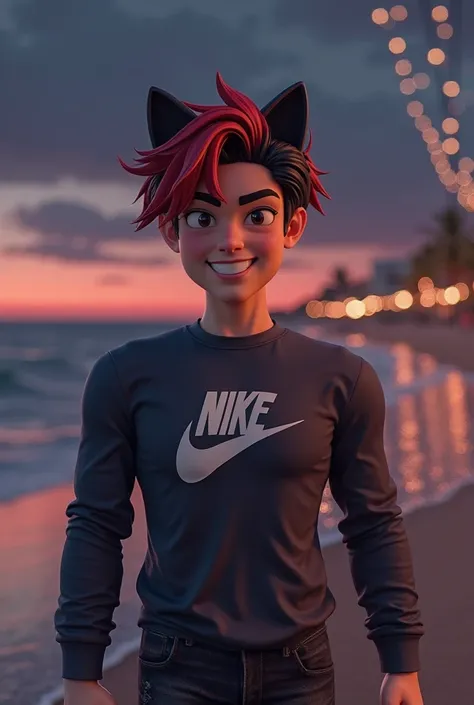 A male character,Roblox avatar , red and black hair, long-sleeved Nike shirt, happy face, ,At night,On the beach,Male face,White Chapel,Happy face, white blouse, mini cat ears, ripped jeans,In a beautiful, dark place,Design,No reflection,Black jeans Mascul...