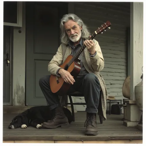a man about 66, an aging musician, salt and pepper hair, longish wavy full hair, some whiskers, outside, portrait style, old photo, Polaroid, realistic but imperfect, sitting on a chair on his porch with an acoustic guitar, a black border collie slaaping a...