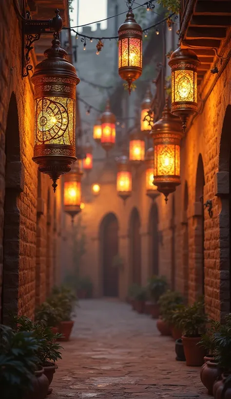 Traditional Arabic lanterns hanging in an alley, creating a warm and magical Ramadan atmosphere –-ar 16:9
