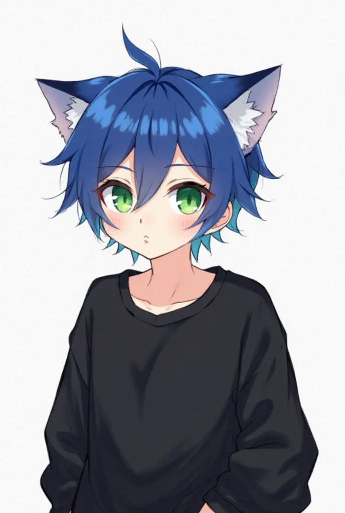 Anime cartoon male character with blue hair green eyes cat ears black sweatshirt and white background