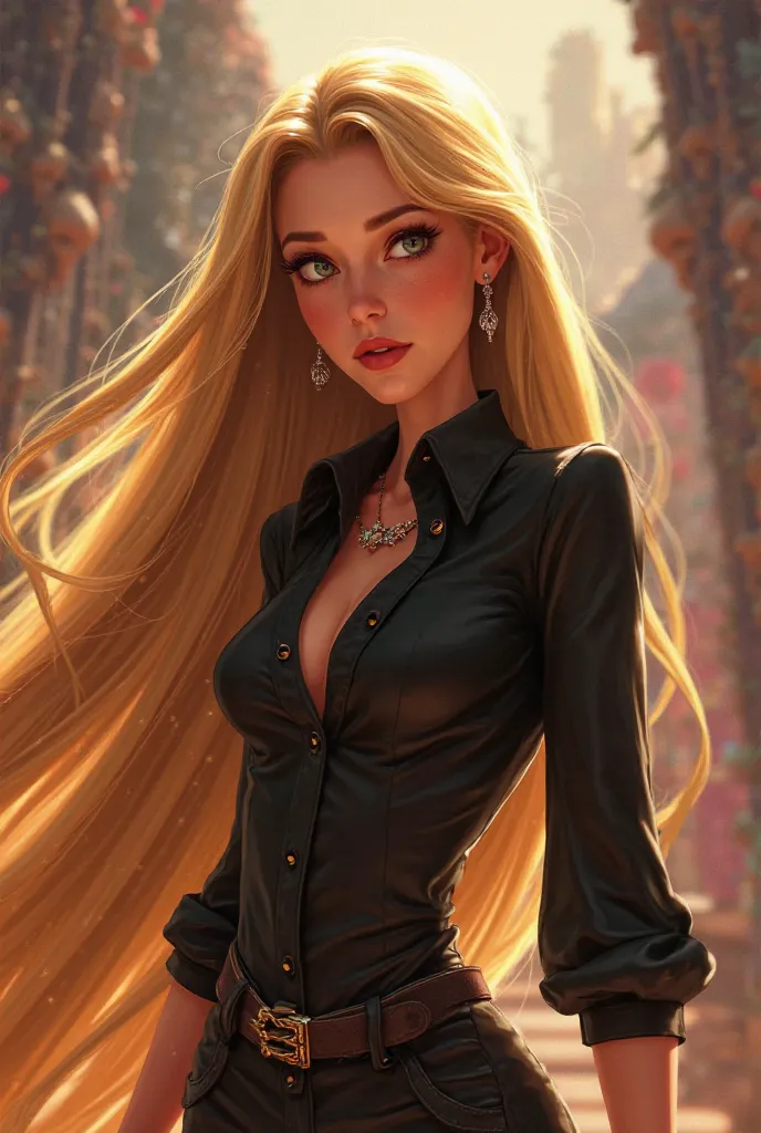 You can create an image of Rapunzel wearing a black blouse with a text that says women don't cry, they bill in Disney Pixar mode. 