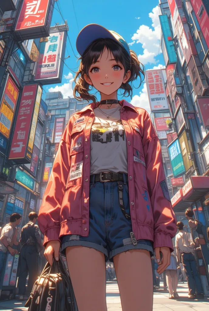 (Nakajima Miharu:1.5), (ultra realistic), stylish, idol, Shibuya street, 1980s, showa era, nostalgic, cap, ponytail, vivid colors, small smile