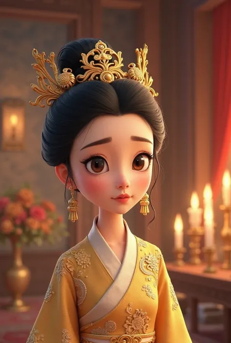 A regal woman in pale gold Empress Dowager attire, her hair styled in an elegant updo adorned with a phoenix hairpin. Her deep eyes hold a sorrowful look. The grand palace looms behind her, candlelight flickering, stacks of court documents surrounding her,...