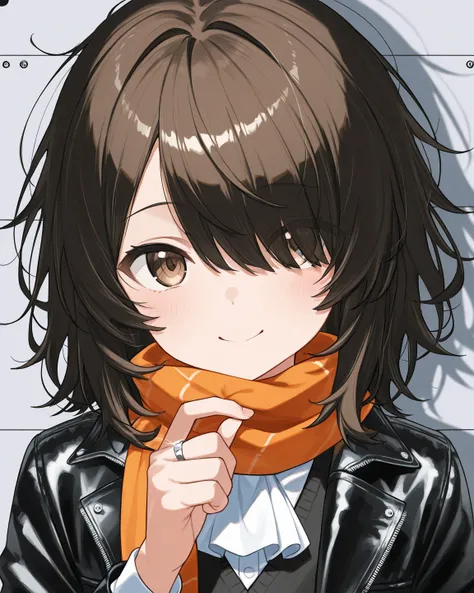  one boy in airspace, Alone,  emphasizes men, viewers, smile,  hair over one eye ,  medium hair, brown hair, shadow, Messy Hair,  jacket,  shirt, black  jacket,  scarf, white  shirt, brown eyes, Portrait,  grey background,   black hair, vest,  ascot ,  whi...