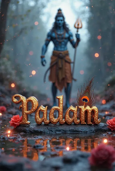 A 3D photo with Mahadev in the background and Mata Parvati and my name written in front of it "Padam" name should be in stylish style with rose flower and peacock feather above the name