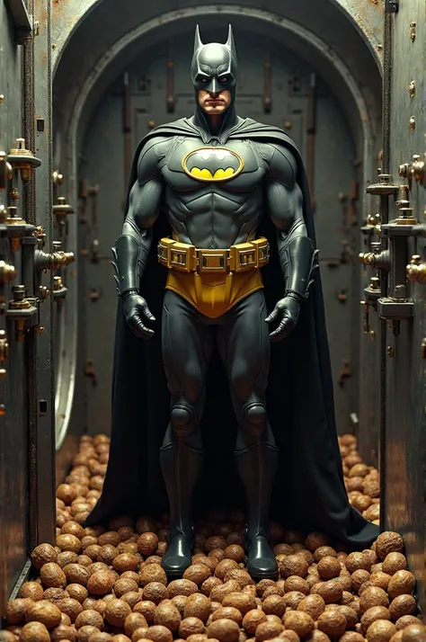 Michael Keaton wearing a batman suit at a metal vault full off nuts