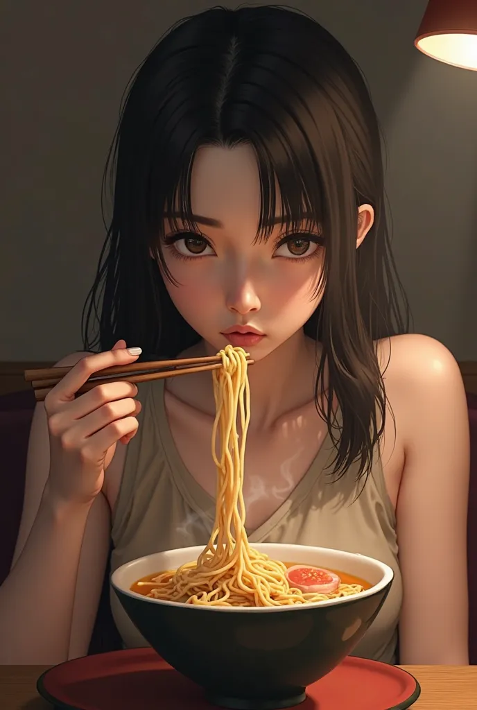 Brunette girl with long straight black hair, with brown eyes , With a beige nude tank top color. eating ramen noodles.