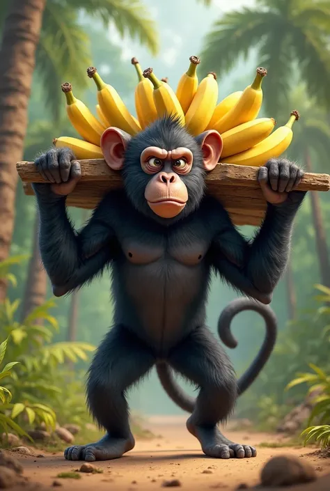 The black monkey is pulling a cart loaded with bananas on its shoulders.

