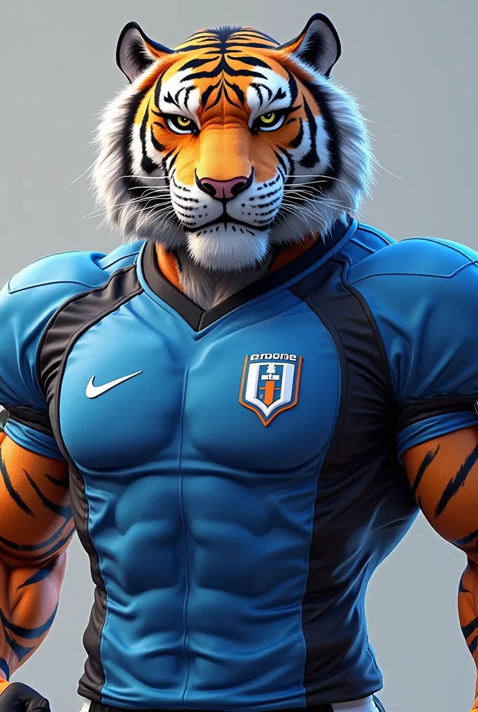 Mascot avatar muscular tiger blue and black team jersey