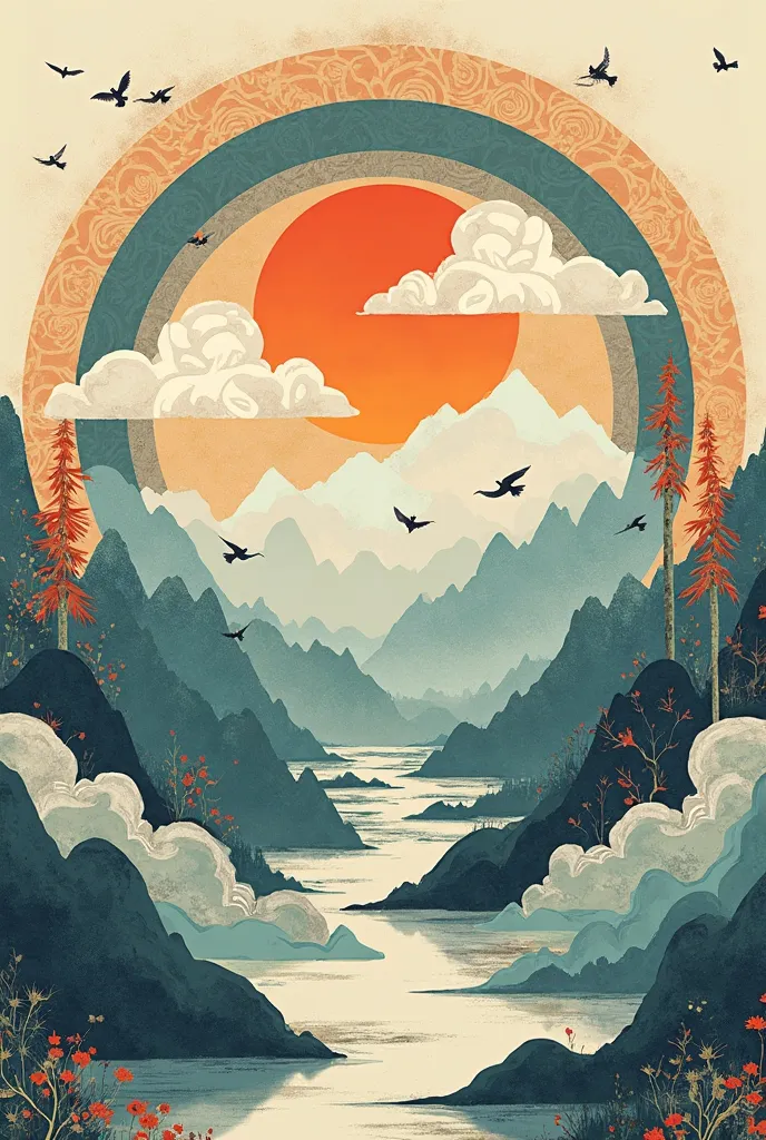 this is poster image.size is Facebook single poster.circle inside mongolian traditional art cloud,sky ,land, water,mountain ,sun, birds