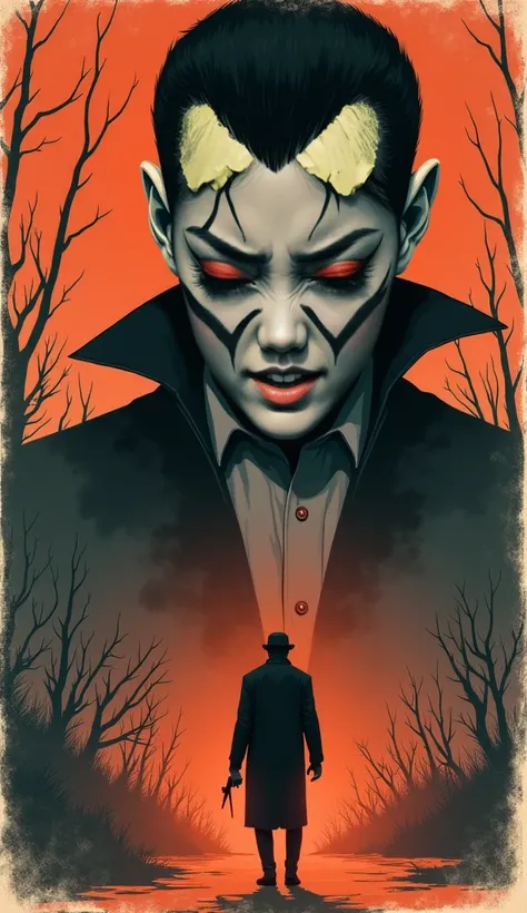  hand-illustrated vintage poster for an old horror movie about vampires, evoking a sense of eerie foreboding, with a cinematic keyframe quality, reminiscent of the works of Maciej Kuciara, Jama Jurabaev, and Wojtek Fus. The poster features a striking, mute...