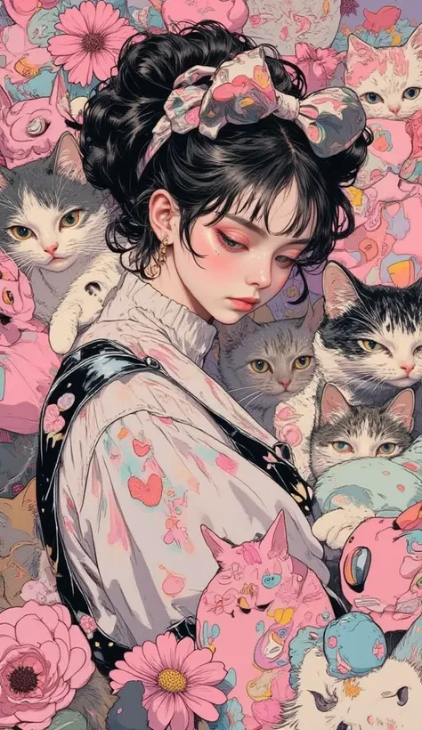  Gothic Lolita woman is hugging lots of stuffed cats、flower、 heart、Feminine Gothic Aesthetics   , Close up details, Detail shot,   with clear details ,   Artie Love Blow Style , Silkscreen Art ,  closeup photo ,  extra fine ink details  ,   silkscreen prin...