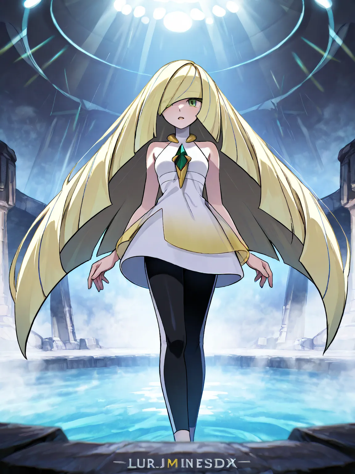 lusamineSDXL,1girl,long hair,blonde hair,dress,bare shoulders,very long hair,green eyes,sleeveless,white dress,hair over one eye,sleeveless dress,short dress,gem,mature female,leggings,green gemstone,lusamine (pokemon), 8k, Obra maestra, mejor calidad, ult...