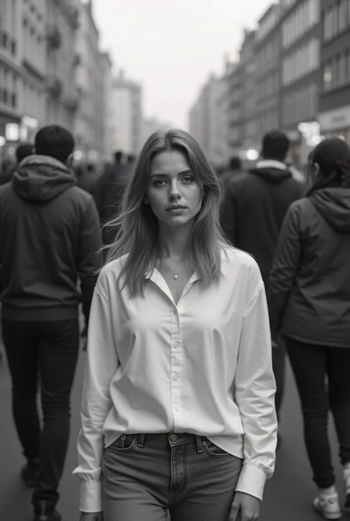 The image is a monochrome photograph that captures a moment of solitude in the midst of an urban bustle.  The main focus lies on a young woman, located in the center of the composition, with a serene and calm expression on her face. Her outfit,  A white lo...