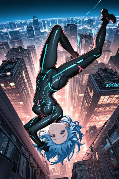 {
  "prompt": "A futuristic cyberpunk scene viewed from a high-angle perspective. A young woman, around 18 years old, with a slim build and wearing a tight-fitting cyber suit, is performing a backflip mid-air above a city skyline filled with tall, futurist...