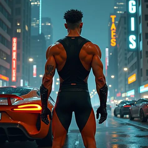 Muscular male defiant sci fi player, futuristic night city background, standing with sport car, retro-fütürist giyen, wearing tight spandex sports uniform in black and orange, scifi, fantasy, donnato Giancola tarafından sanat eseri, Greg Rutkowsky