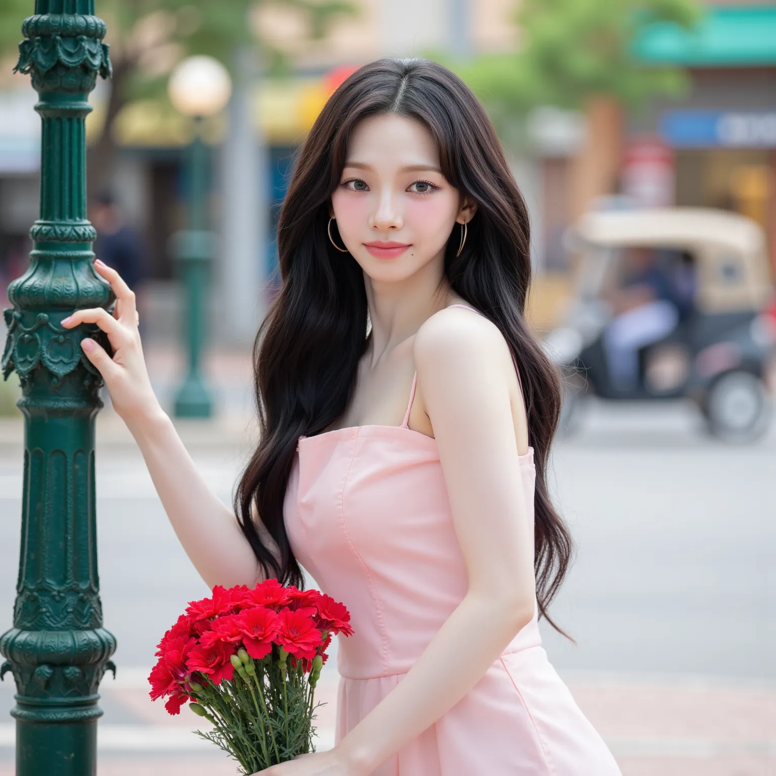 A slender and graceful young woman, with smooth skin and long flowing hair. Her delicate facial features are complemented by soft, natural makeup. She wears a fitted pink slip dress, with thin spaghetti straps. The fabric is soft to the touch and slightly ...