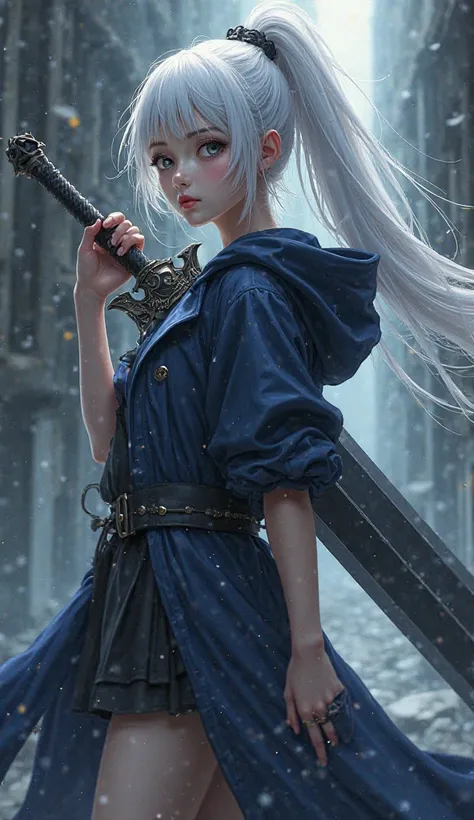 White-haired anime girl with a ponytail dressed in a hooded trench coat with short sleeves in navy blue, unbuttoned and open heels and carries a very large sword