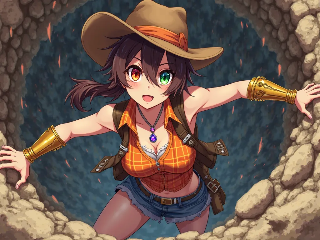 anime drunk obese busty tomboy brown cowgirl hat rough brown ponytail hair right eye covered by red orange yellow highlights green left eye band aid on nose blue fire charm necklace with ruby brown sleeveless western vest orange plaid short sleeve shirt go...