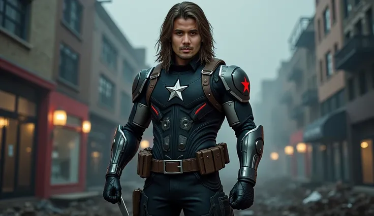 A full-body, realistic, and cinematic portrayal of a character resembling Bucky Barnes (Winter Soldier) standing in a combat-ready stance. The character has long, straight brown hair and piercing blue eyes. He is muscular and athletic, with a metal bionic ...