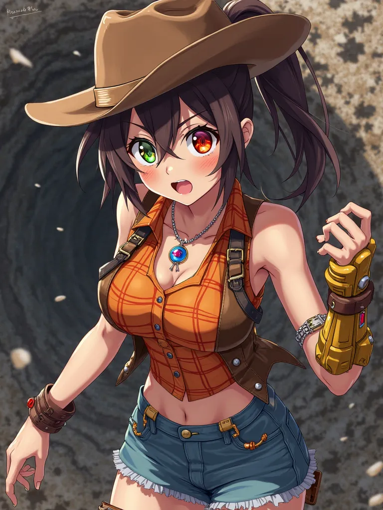 anime drunk obese busty tomboy brown cowgirl hat rough brown ponytail hair right eye covered by red orange yellow highlights green left eye band aid on nose blue fire charm necklace with ruby brown sleeveless western vest orange plaid short sleeve shirt go...