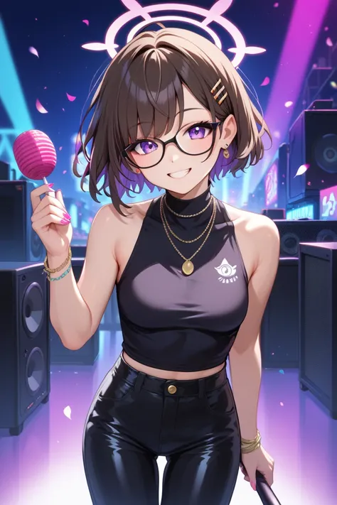  1 girl,high quality、最HD、LOL、smile,  face layer、 HD , glasses, short hair full of pee , purple eyes、dark brown hair、Perm、archive, long pants、 high neck、sleeveless、necklaces、Party、Loudspeaker