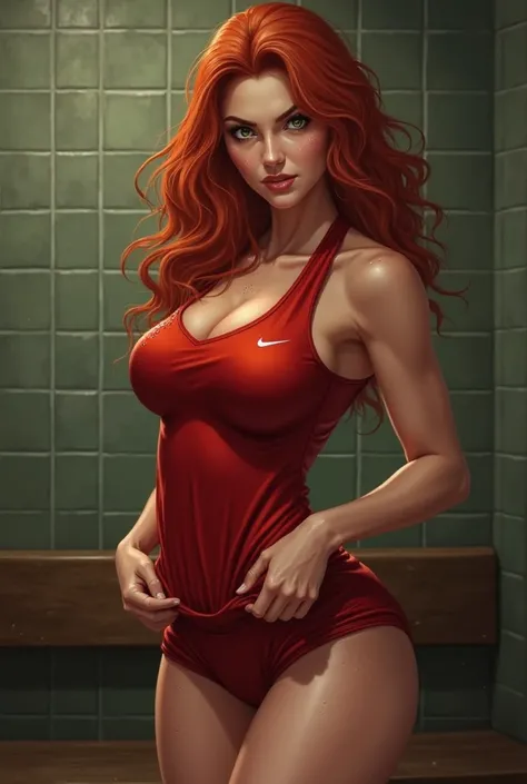 Thicc red head volleyball girl in red uniform, in a locker room, pulling her shorts down.