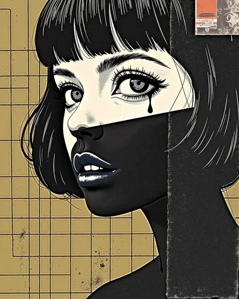 A surreal and conceptual illustration with a vintage style, grunge and collage. The image shows a female face in black and white with high details contrast and printed textures. His eyes have hypnotic spirals, and a tear falls from one of them. The face is...