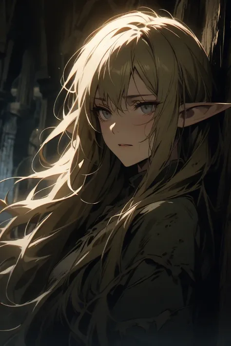 Golden long-haired beauty ，Elf，Wearing tattered clothes，In the dungeon，Injuried