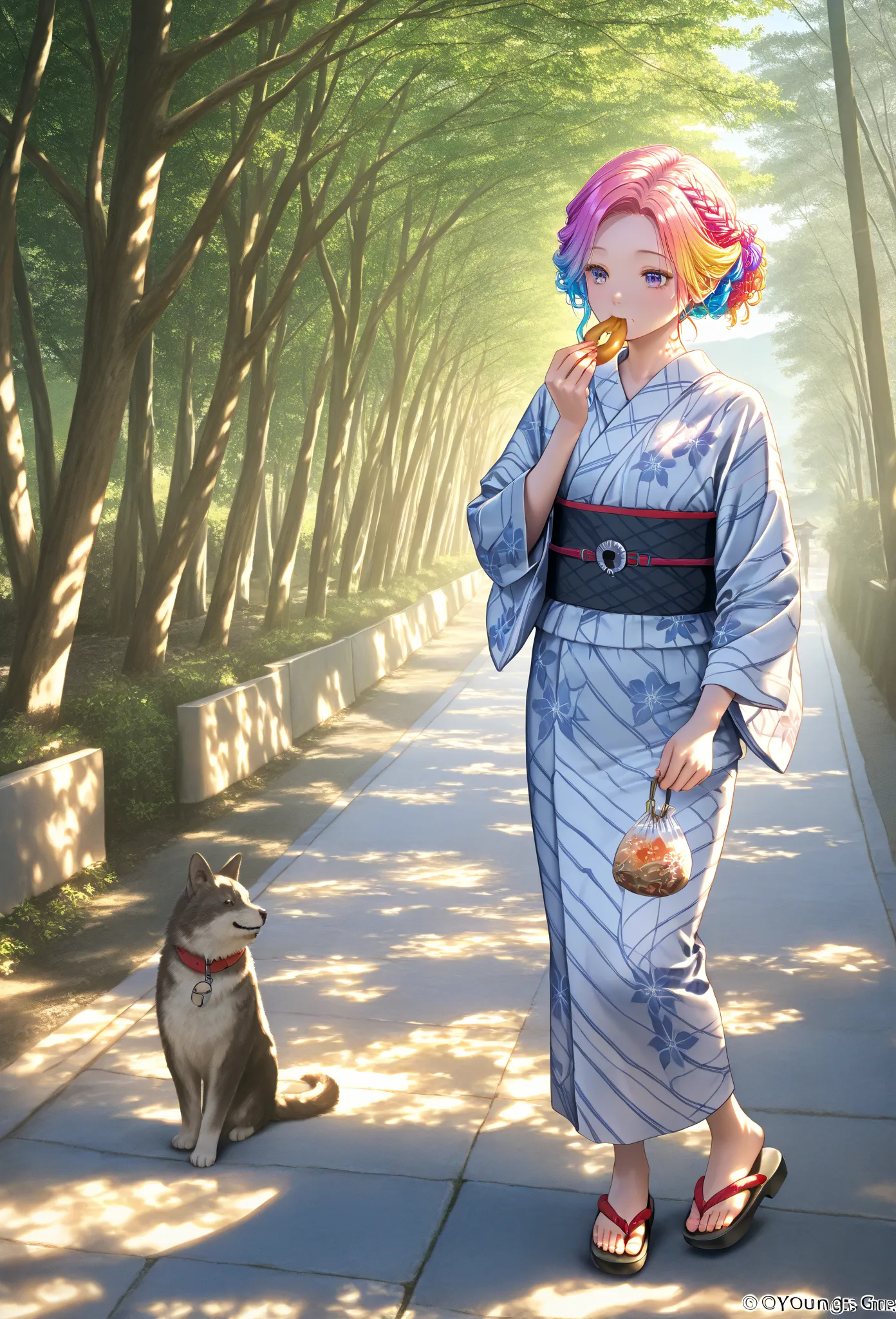    young  , color々hairstyle,yukata,fair, eating walking