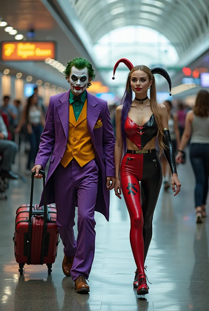  A 17-year-old male ,wearing a joker costume and a beautiful  old girl,wearing a costume and makeup harley quinn,  is walking along , airport room background, people walking , realistic image , HD quality,camera full 