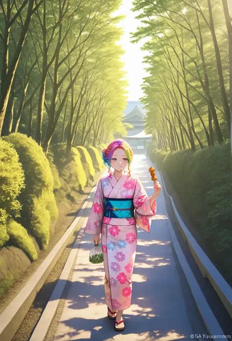    young  , color々hairstyle,yukata,fair, eating walking